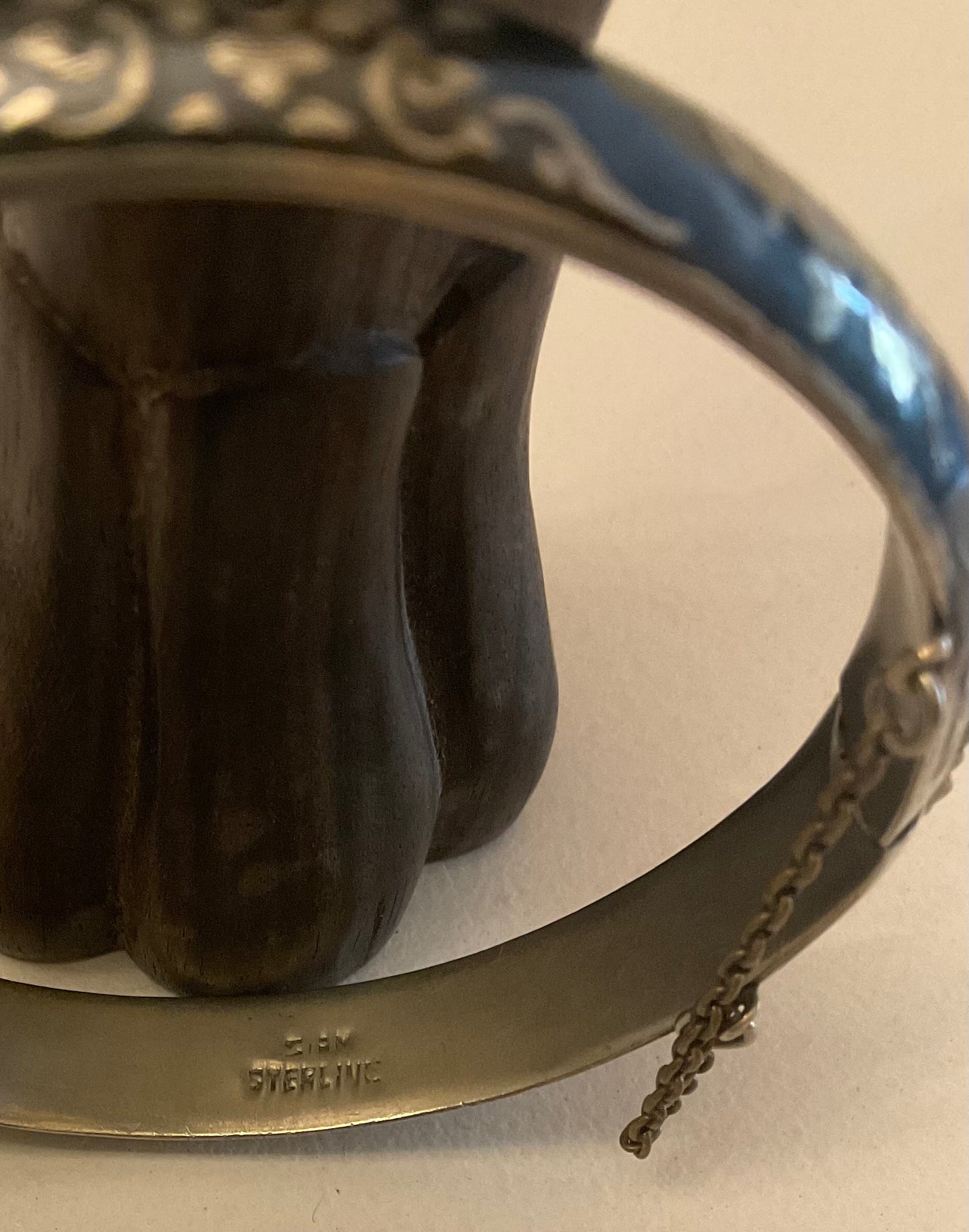 Vintage Siam Sterling Silver Bangle Bracelet featuring intricate niello work with silver overlay