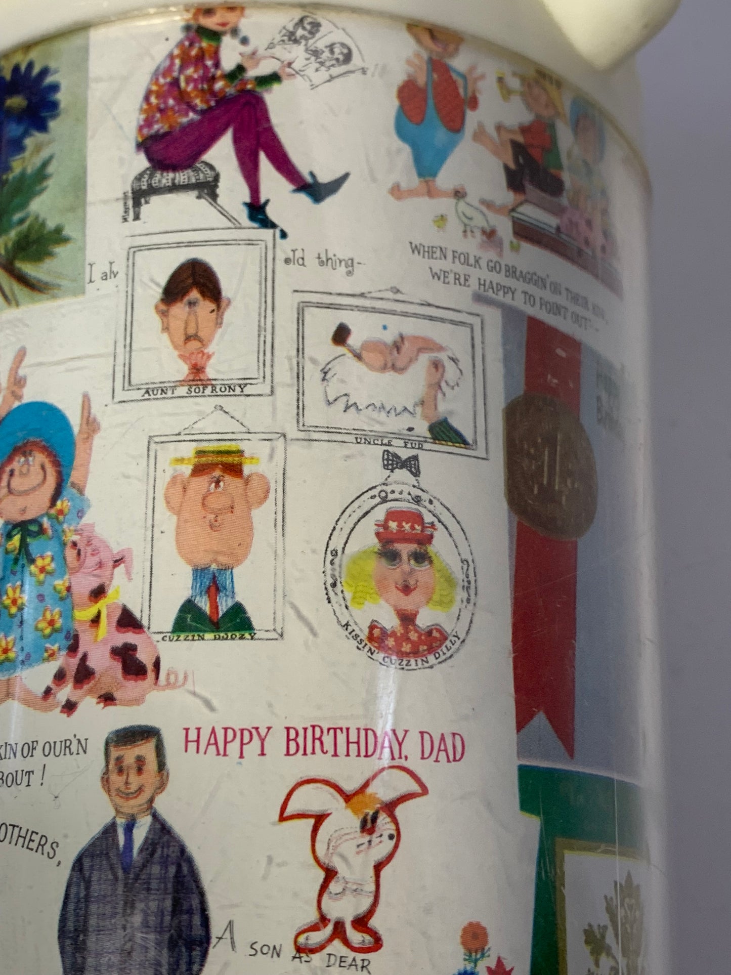 Vintage 1960s Birthday Greeting Card Collage Plastic Pitcher - Made in Hong Kong