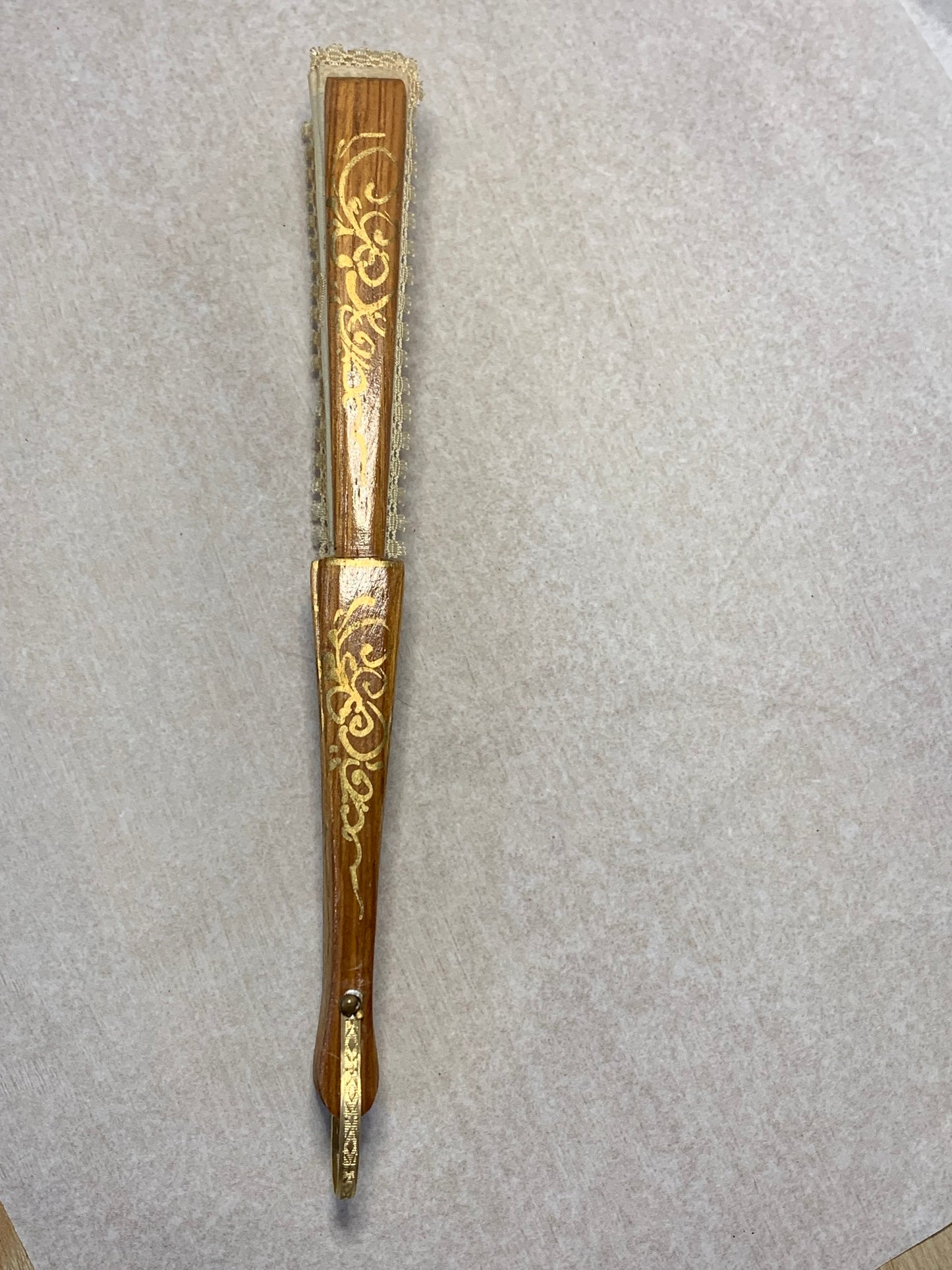 Vintage Hong Kong Carved Wood & Embroidered Lace Folding Fan