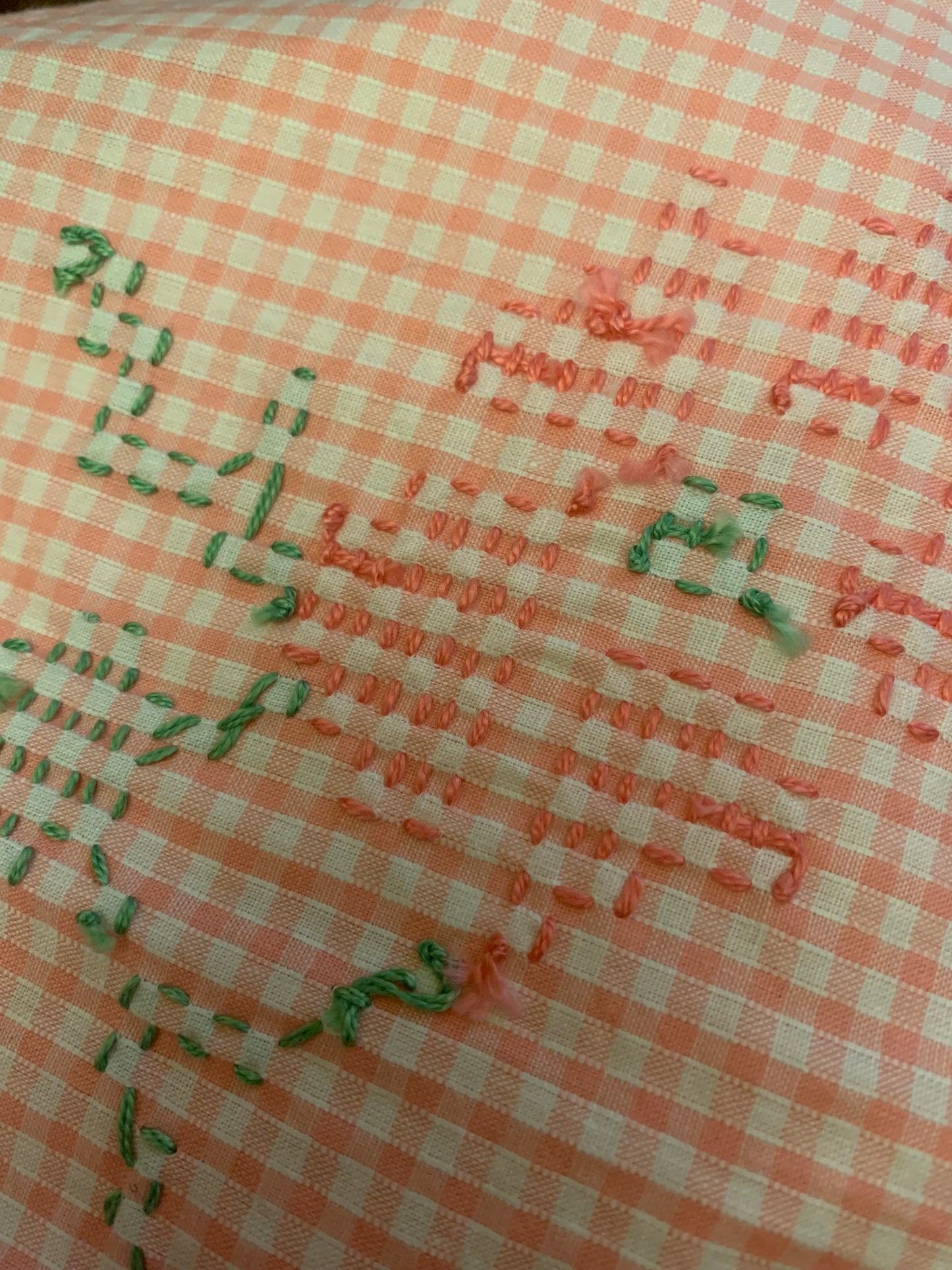 Vintage 1960s-70s Hand-Embroidered Pink Gingham Half Apron with Chicken Scratch Embroidery