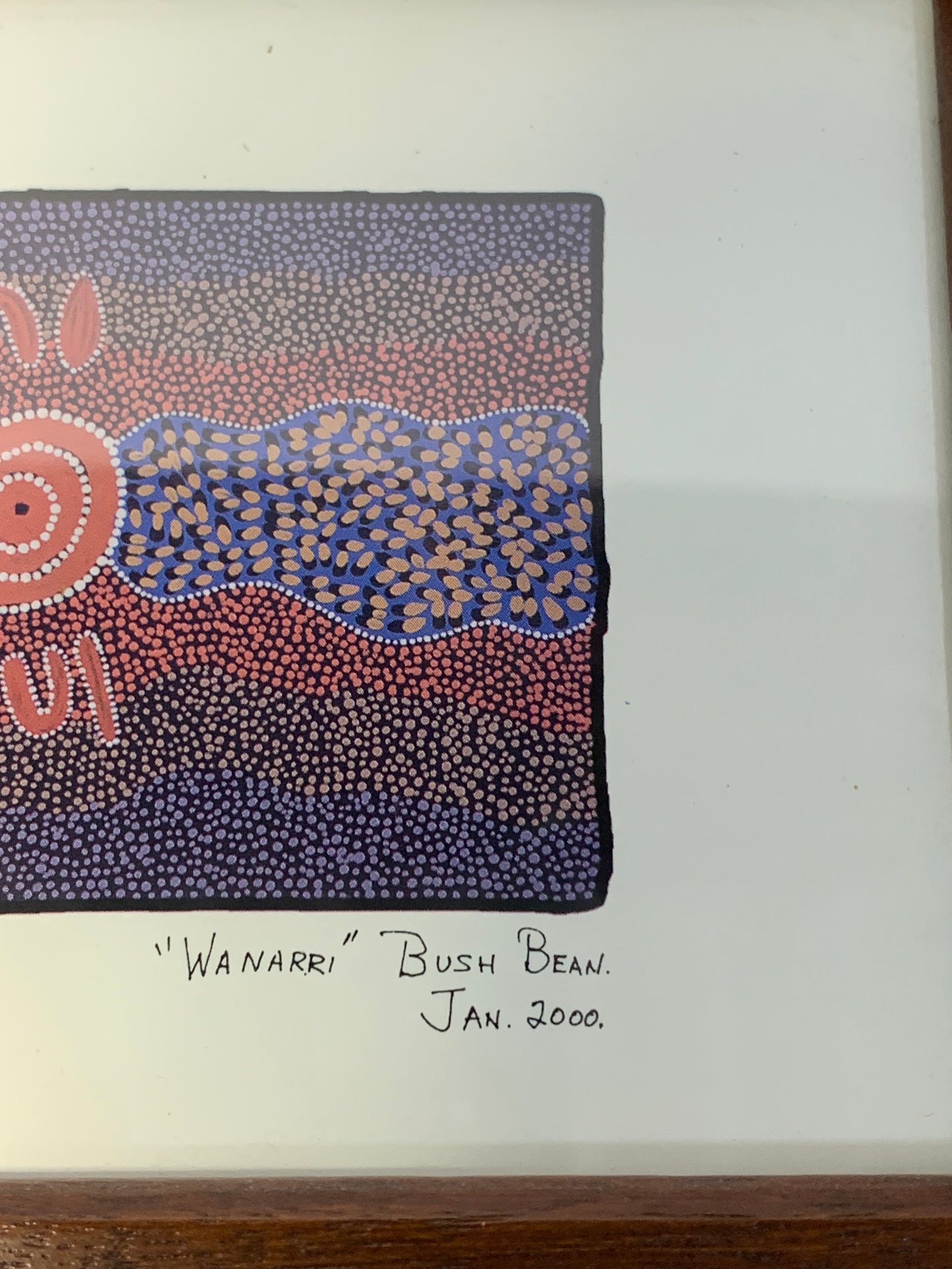 Original Aboriginal dot painting by Deidre Napangardi titled “Wanarri” (Bush Bean), created in January 2000