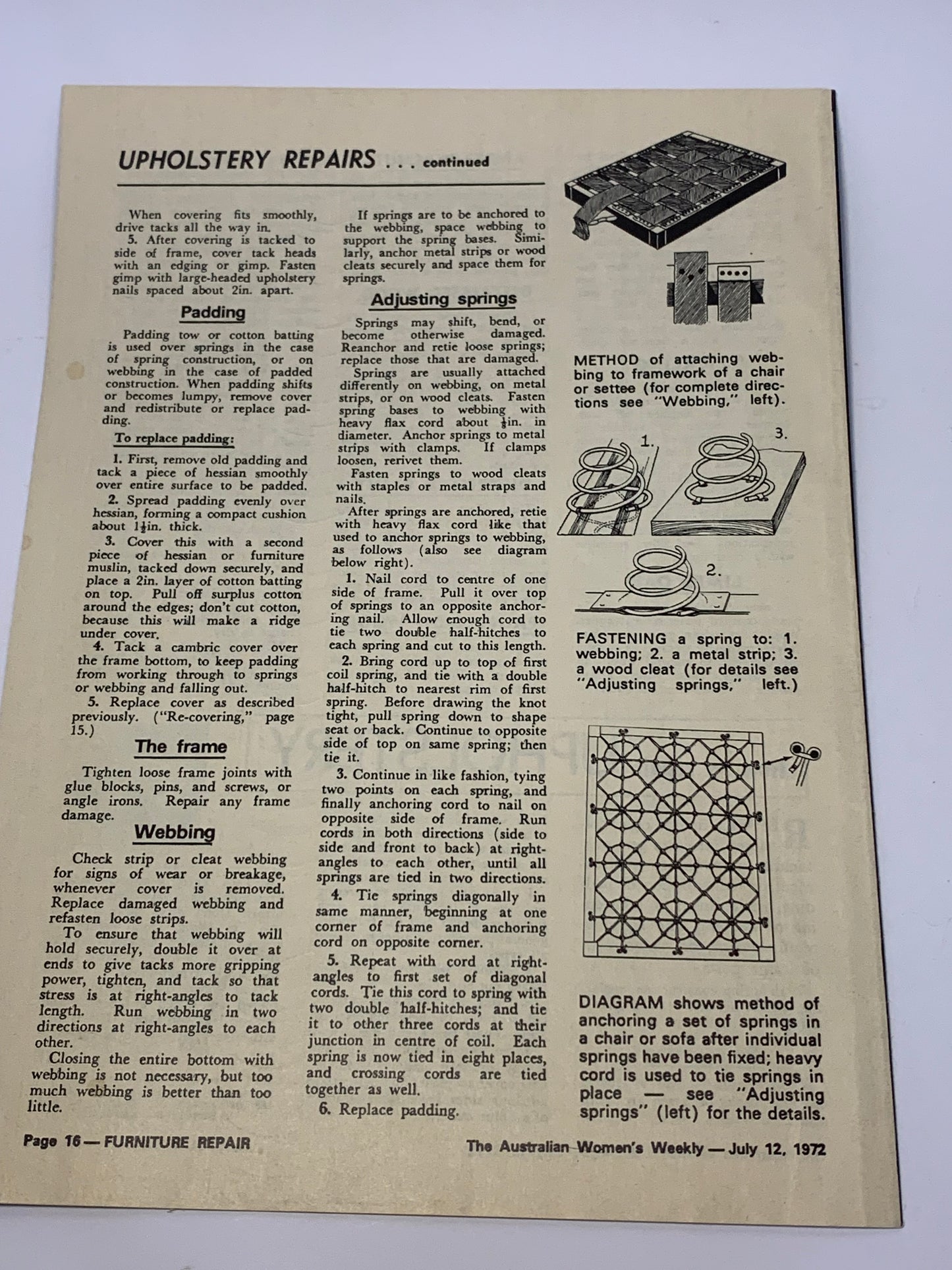 Vintage “How to Repair and Refinish Furniture” booklet by Ralph Parsons Kinney, published by The Australian Women’s Weekly, dated July 12, 1972.