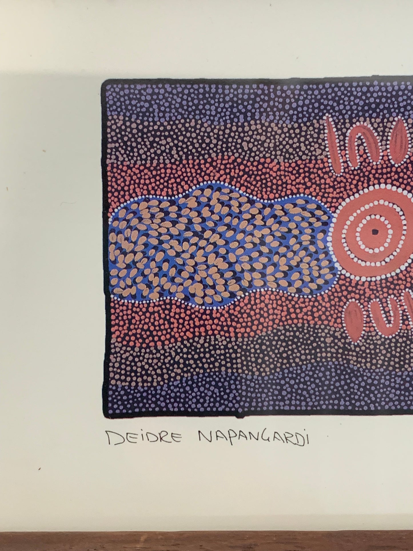 Original Aboriginal dot painting by Deidre Napangardi titled “Wanarri” (Bush Bean), created in January 2000