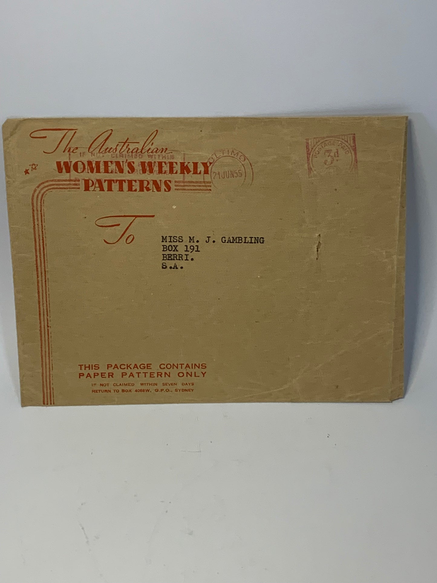Vintage 1955 envelope from “The Australian Women’s Weekly Patterns” service
