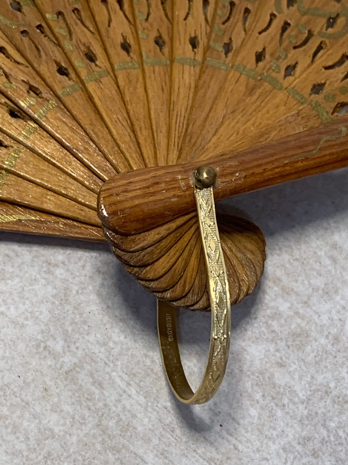 Vintage Hong Kong Carved Wood & Embroidered Lace Folding Fan