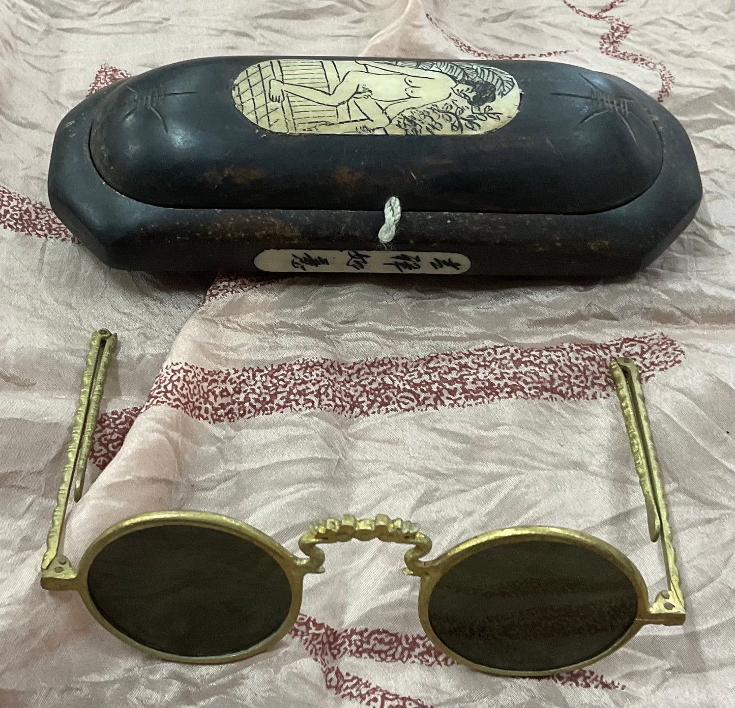 Antique Style Brass Round Sunglasses with Wooden Erotic Art Case – Vintage Collectible Eyewear