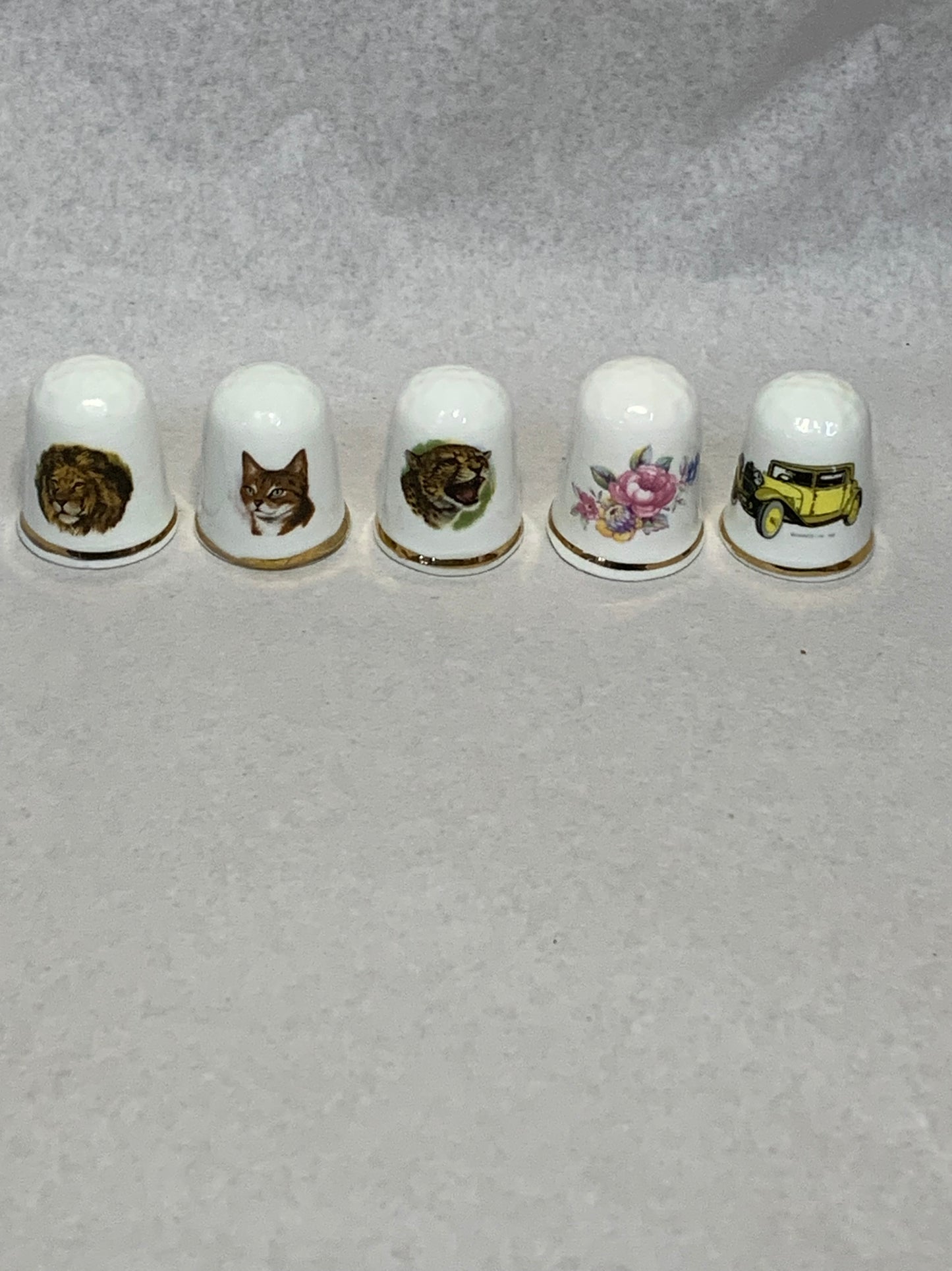 Set of 5 vintage Croft China (England) fine bone china thimbles, each with a gilt gold rim band