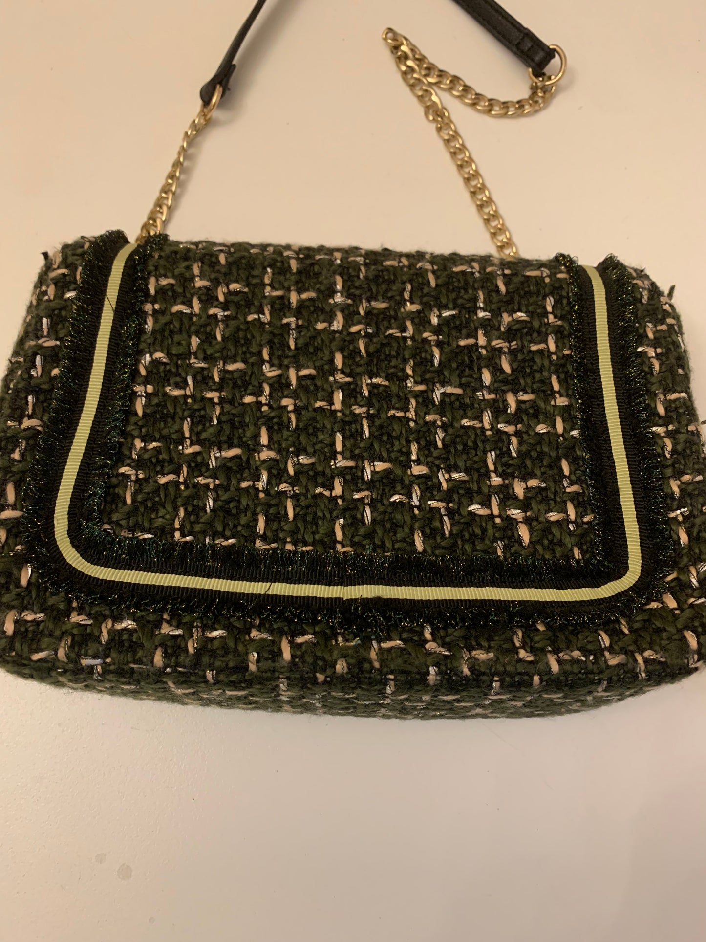 Beck Söndergaard Boucle Tweed Crossbody Bag - Green & Pink with Gold Chain