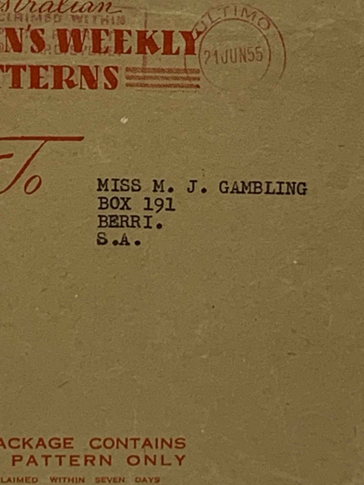 Vintage 1955 envelope from “The Australian Women’s Weekly Patterns” service