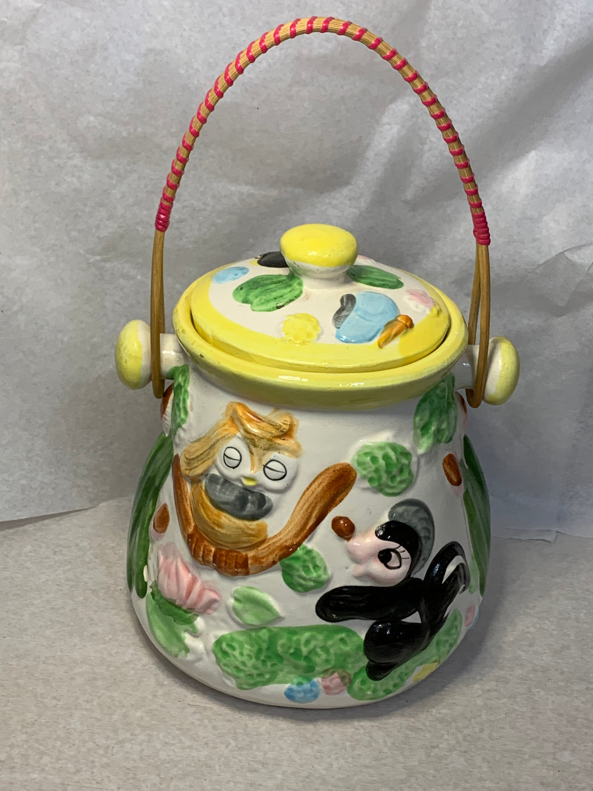 Vintage Kitsch Ceramic Woodland Animals Biscuit Barrel with Cane Handle