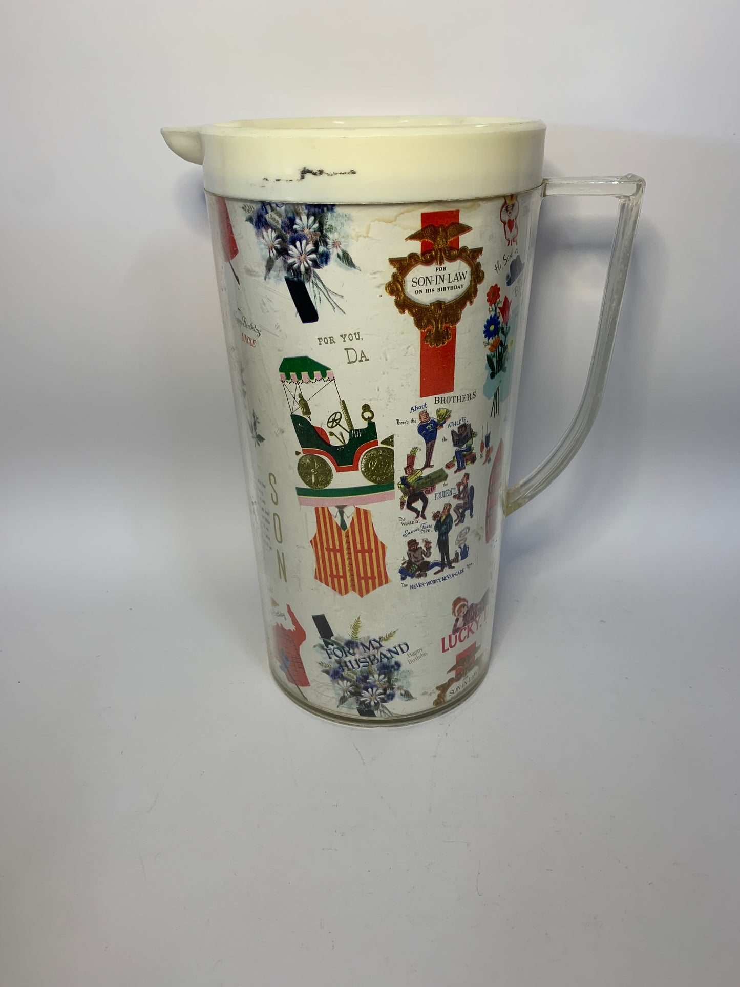 Vintage 1960s Birthday Greeting Card Collage Plastic Pitcher - Made in Hong Kong