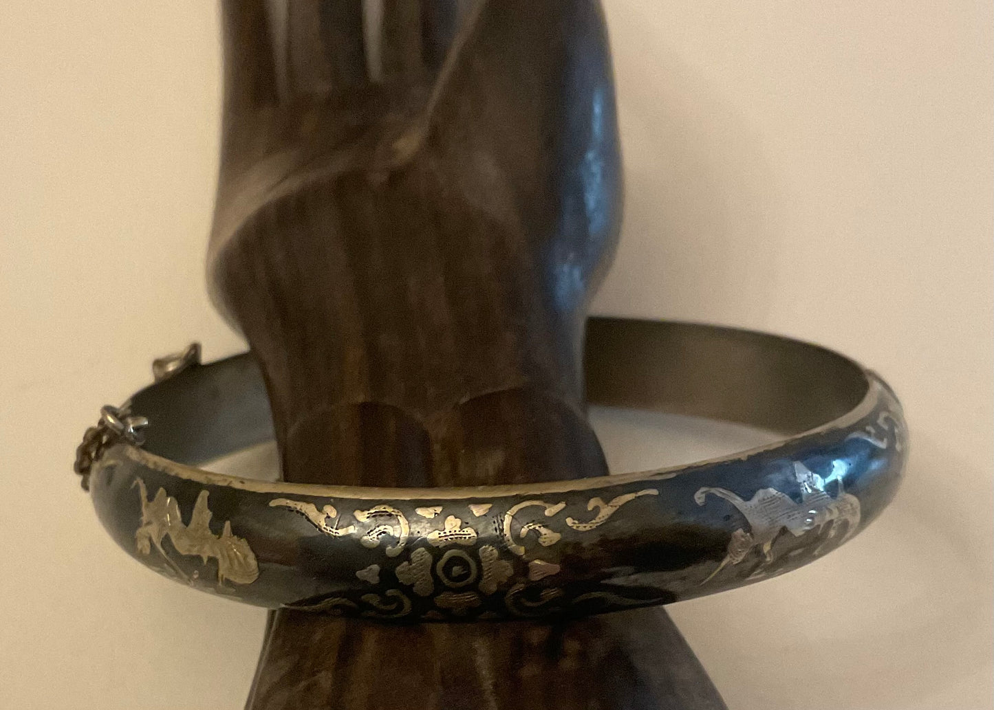 Vintage Siam Sterling Silver Bangle Bracelet featuring intricate niello work with silver overlay