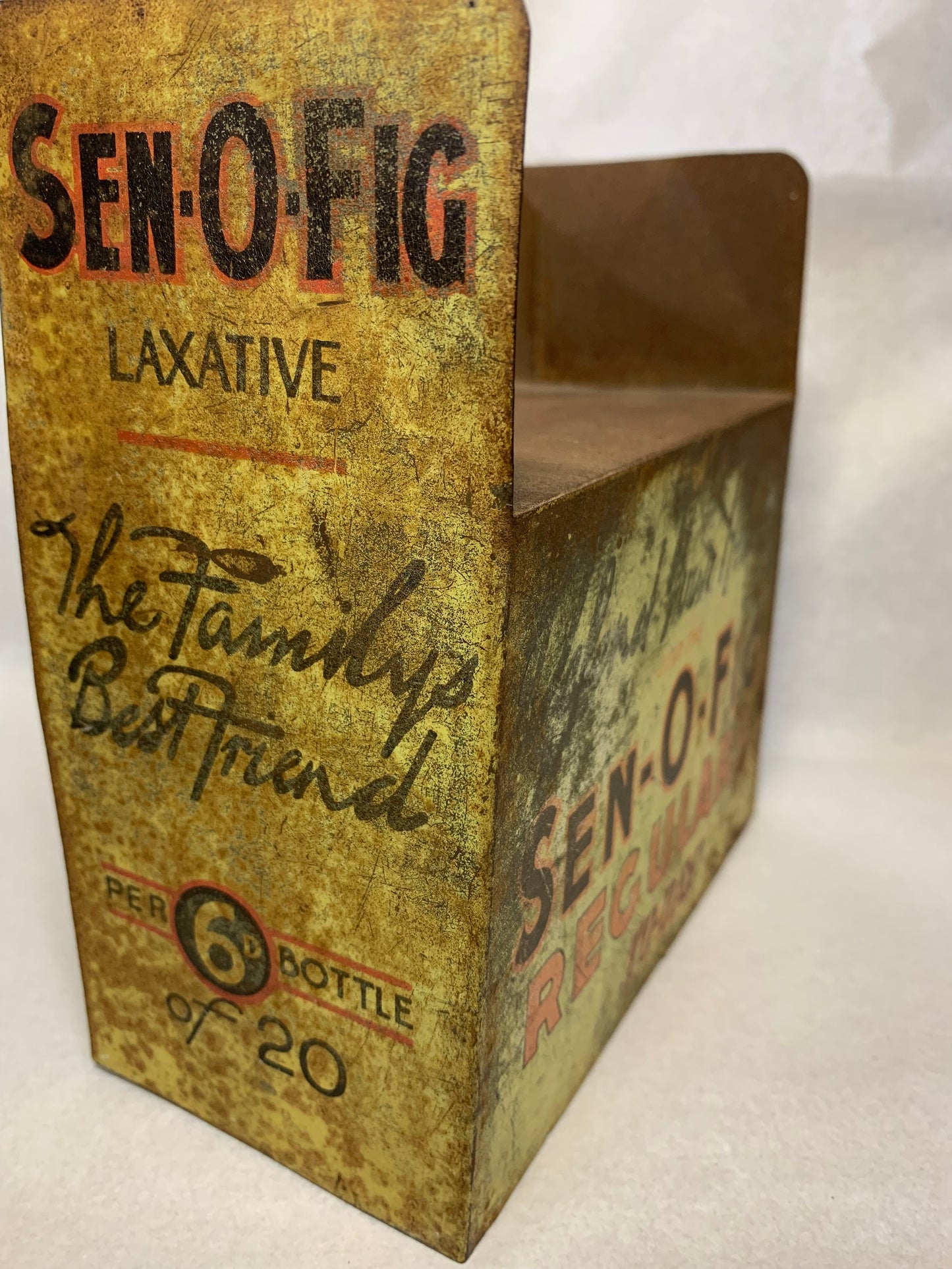 Antique British tin advertising countertop display box for “Sen-O-Fig” a fig/senna-based laxative tablet