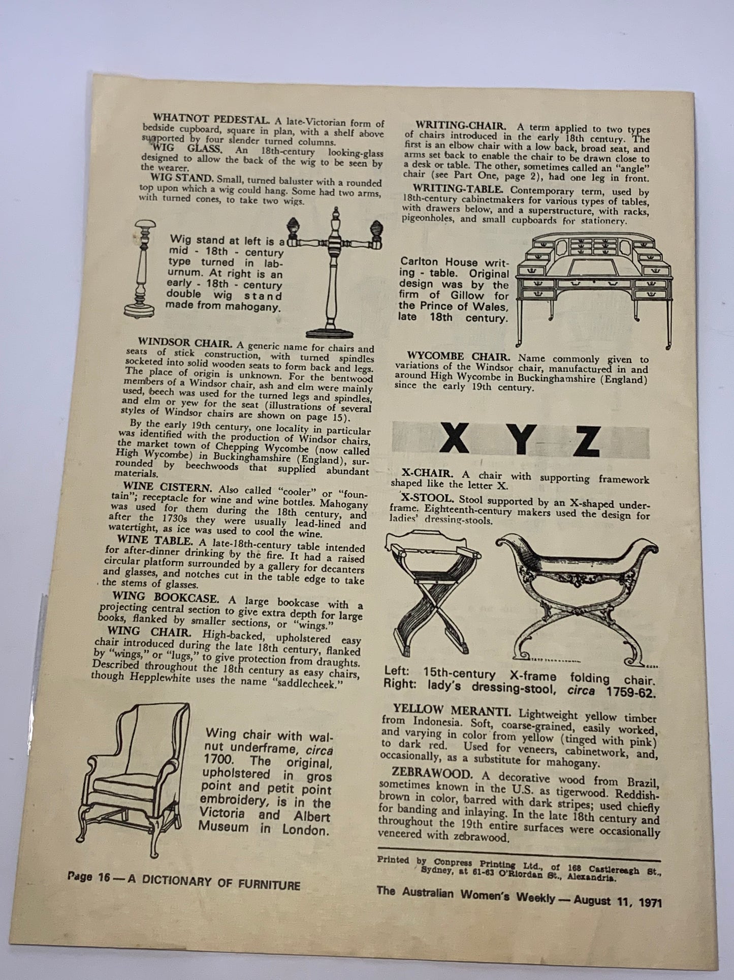 “The Australian Women’s Weekly Dictionary of Furniture - Part Two (M to Z)” written by expert John Gloog, published August 11, 1971.