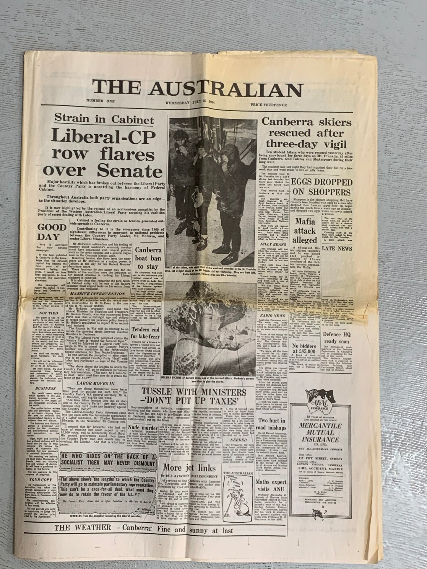 The Australian — Number One, Wednesday July 15, 1964. This is the very first edition of The Australian, founded by Rupert Murdoch as Australia’s first national daily newspaper (only the third national newspaper in the country’s history).