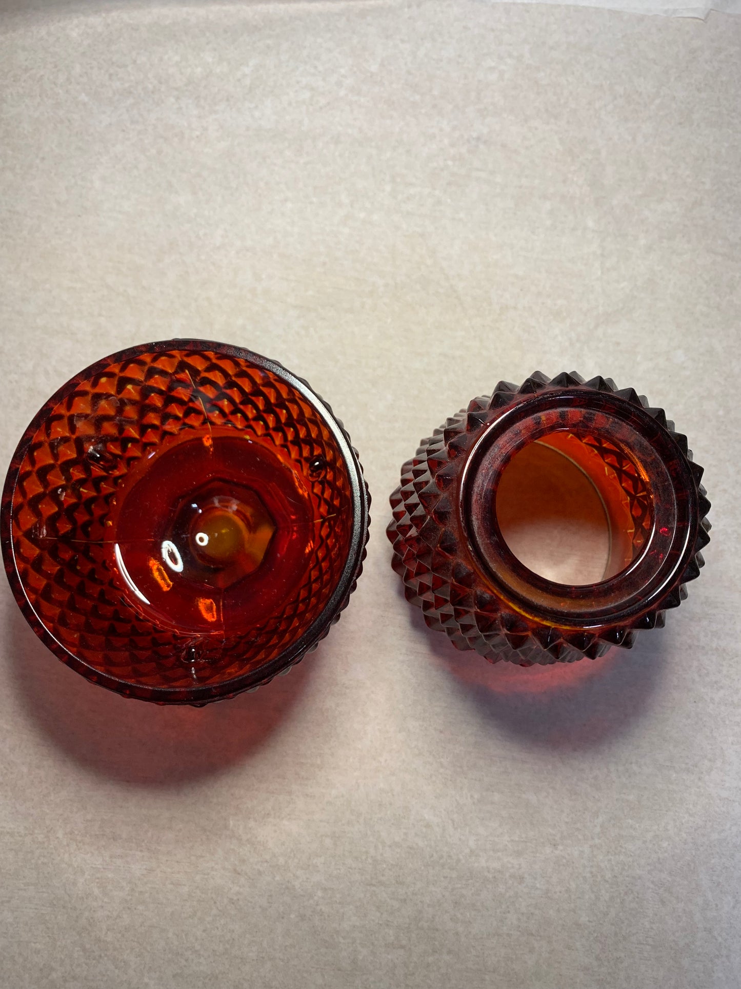 Vintage Red Diamond Point Glass Fairy Lamp / Votive Candle Holder — 2-Piece