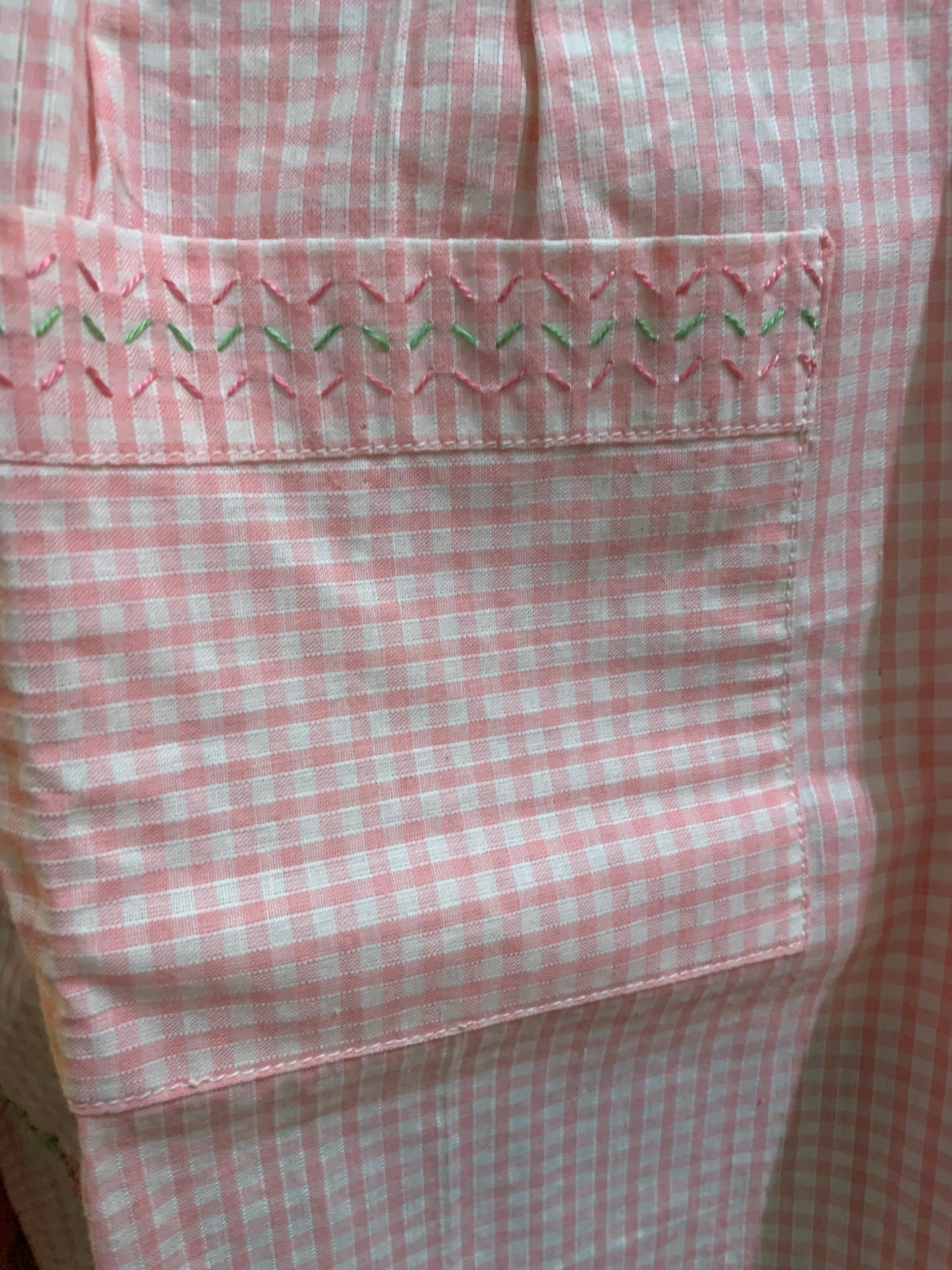 Vintage 1960s-70s Hand-Embroidered Pink Gingham Half Apron with Chicken Scratch Embroidery