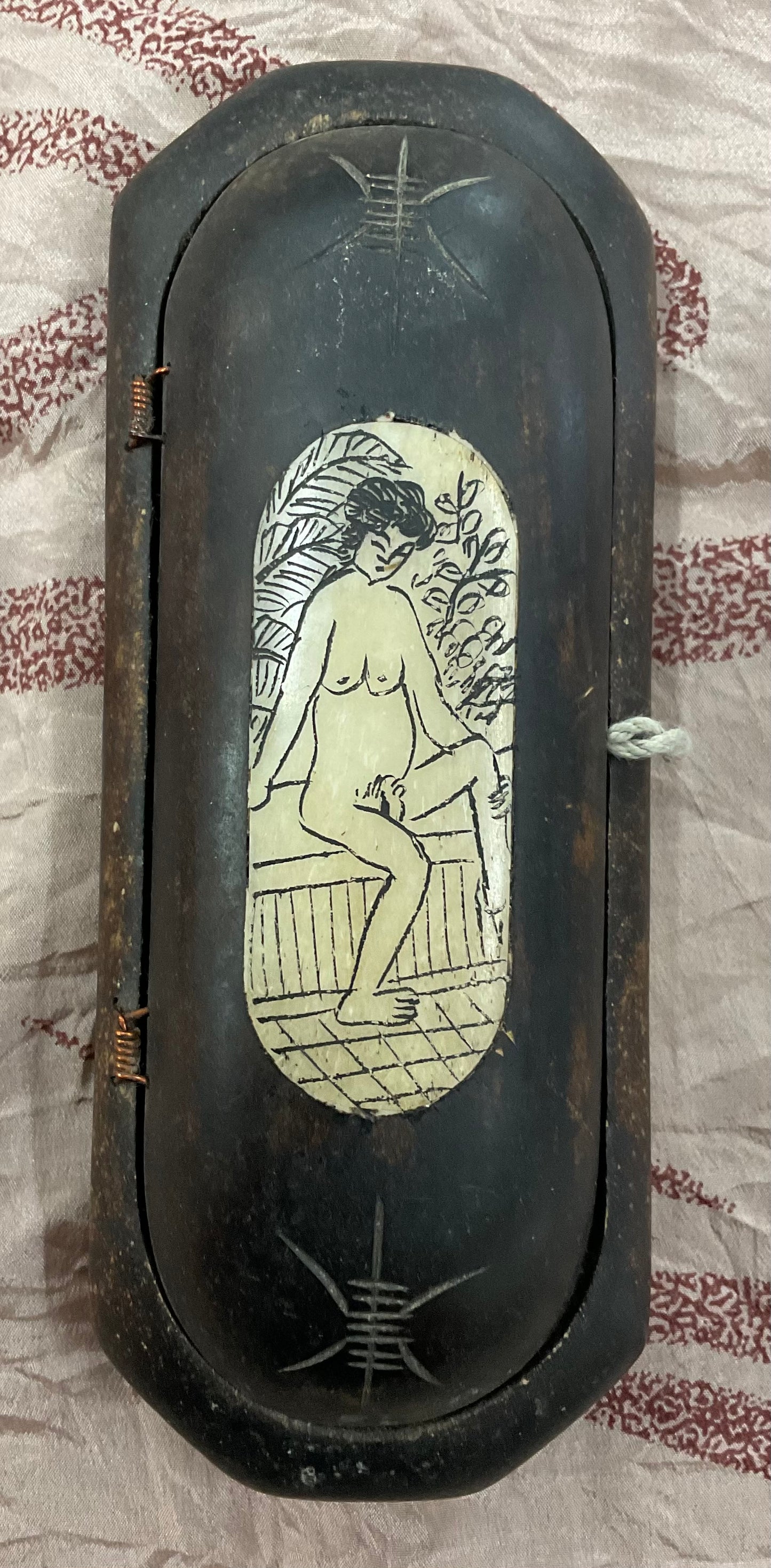 Antique Style Brass Round Sunglasses with Wooden Erotic Art Case – Vintage Collectible Eyewear