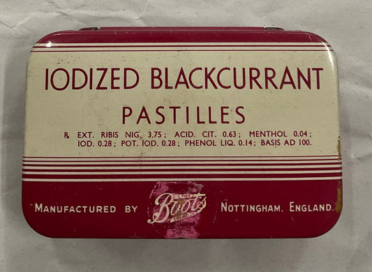 Vintage Boots Iodized Blackcurrant Pastilles tin, manufactured in Nottingham, England.