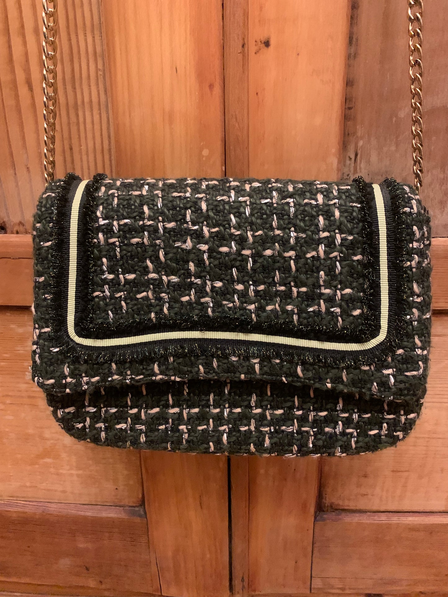 Beck Söndergaard Boucle Tweed Crossbody Bag - Green & Pink with Gold Chain
