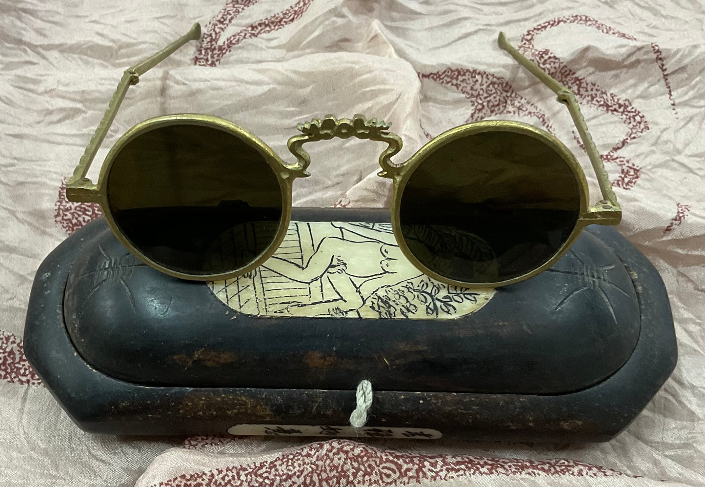 Antique Style Brass Round Sunglasses with Wooden Erotic Art Case – Vintage Collectible Eyewear