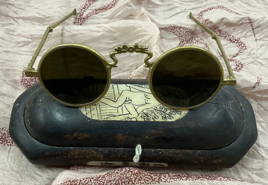 Antique Style Brass Round Sunglasses with Wooden Erotic Art Case – Vintage Collectible Eyewear