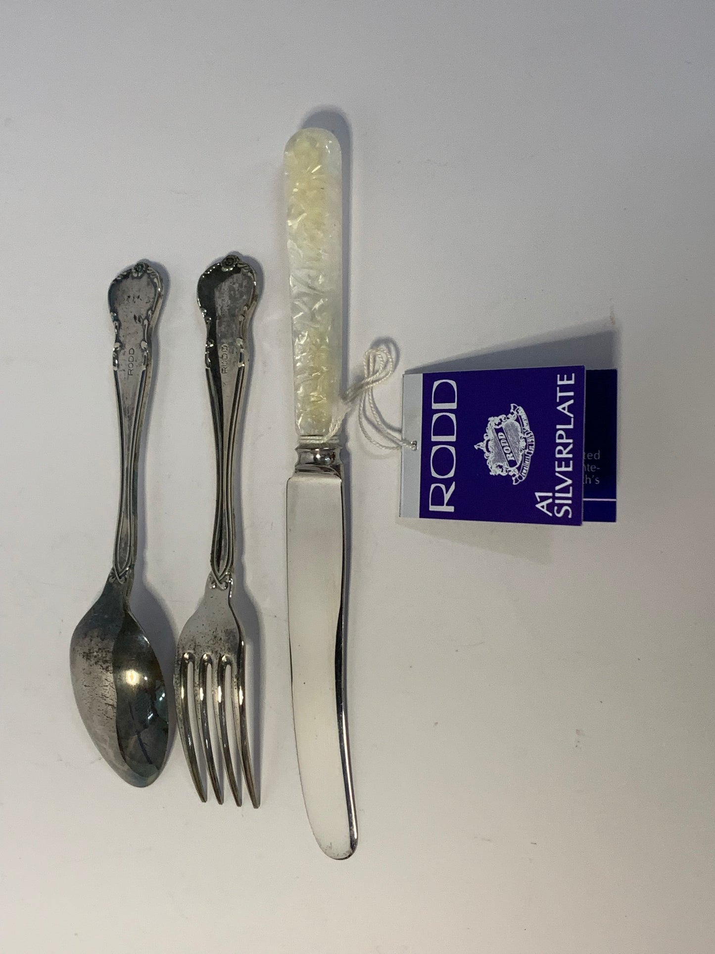 Vintage Rodd silverplate Child’s Cutlery Set with original tag