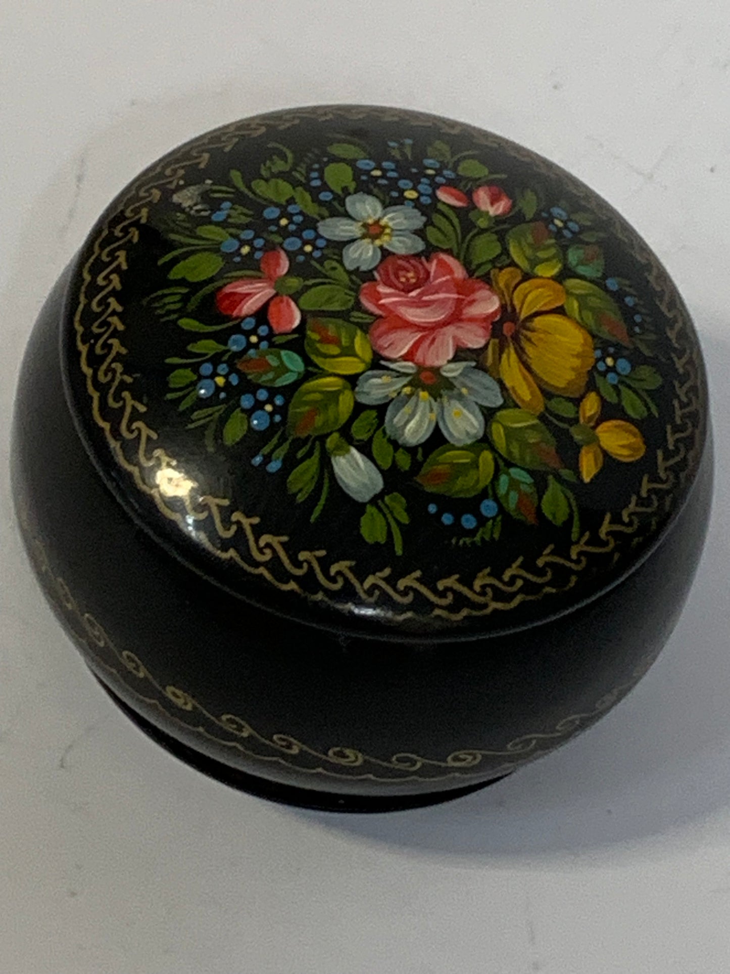 Russian Metal Tole Bowl with Traditional Lacquerware-Style Painting