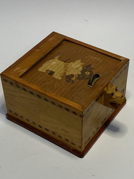 Vintage Spring Loaded Wooden Cigarette Dispenser with Scottie Dog design