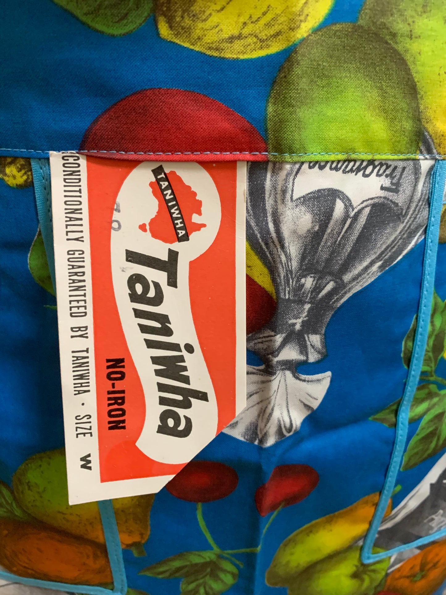 Vintage 1970s Taniwha Half Apron - Tropical Fruit & Perfume Bottle Novelty Print