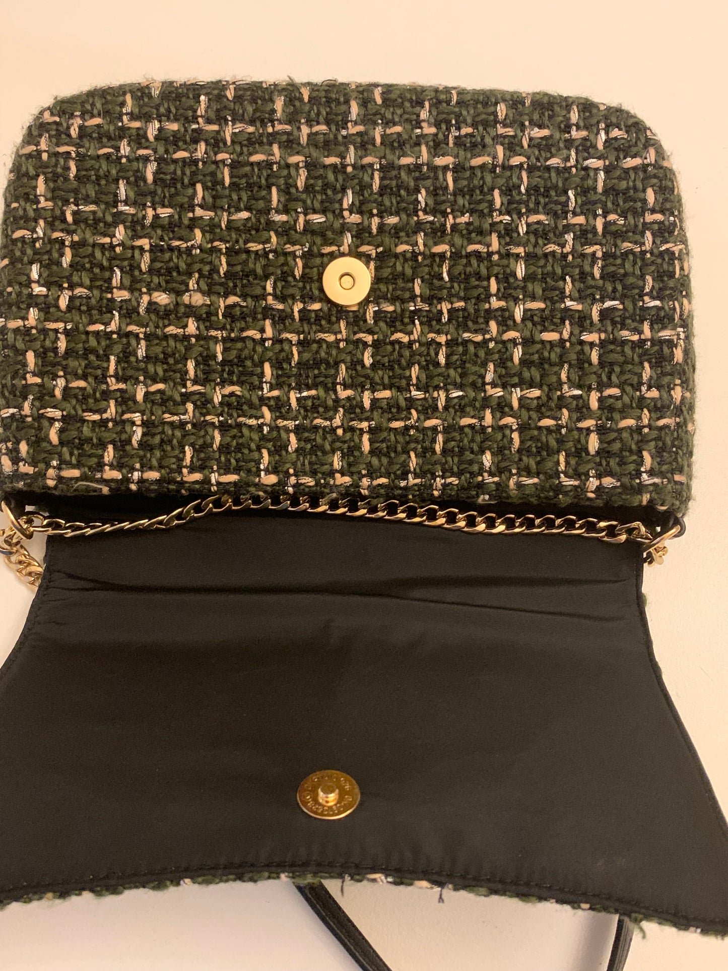 Beck Söndergaard Boucle Tweed Crossbody Bag - Green & Pink with Gold Chain