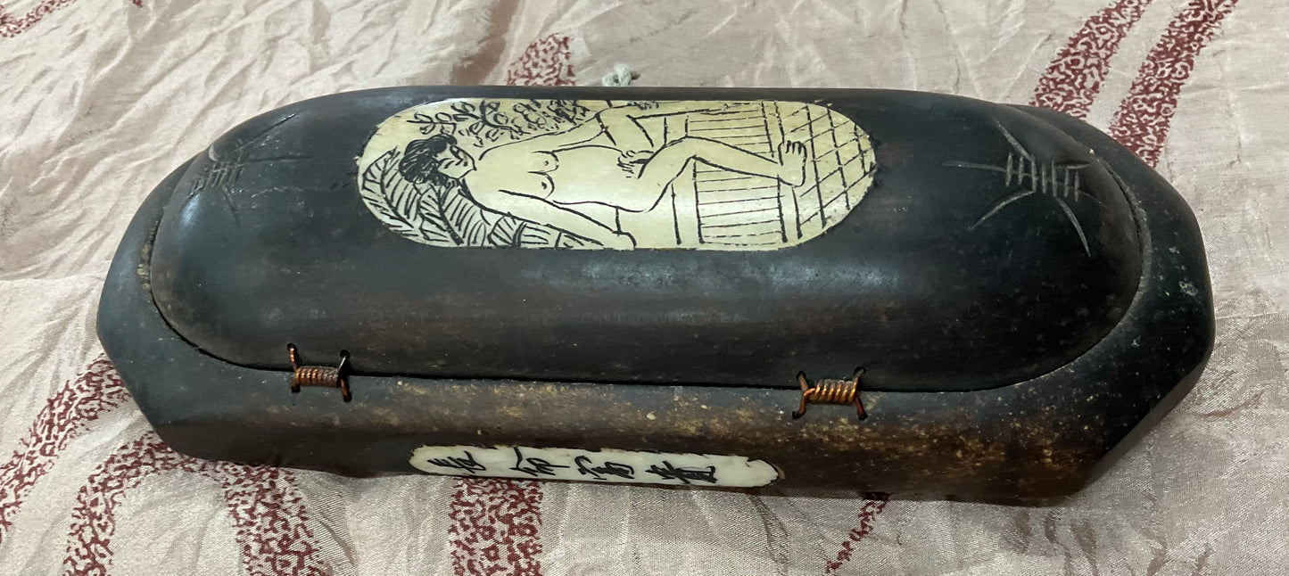 Antique Style Brass Round Sunglasses with Wooden Erotic Art Case – Vintage Collectible Eyewear