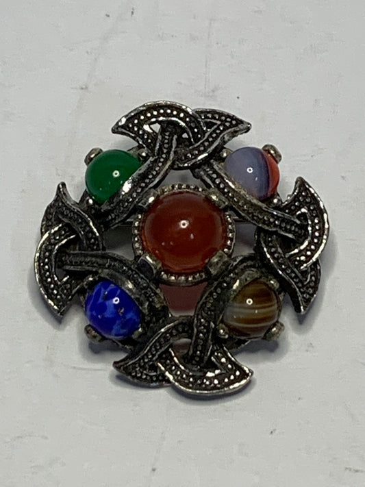 Vintage Scottish agate and marcasite Maltese cross brooch featuring an ornate Celtic-inspired design