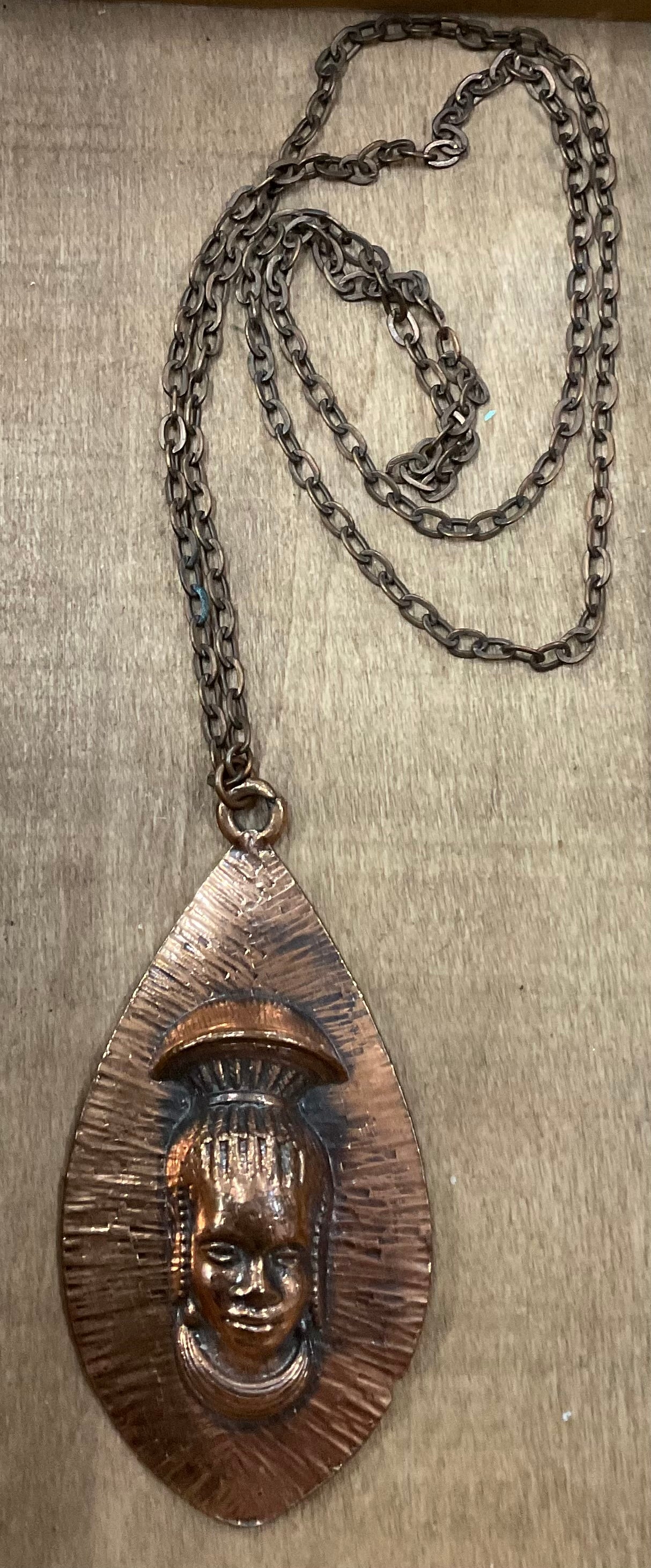 Vintage Copper Tribal Face Pendant Necklace