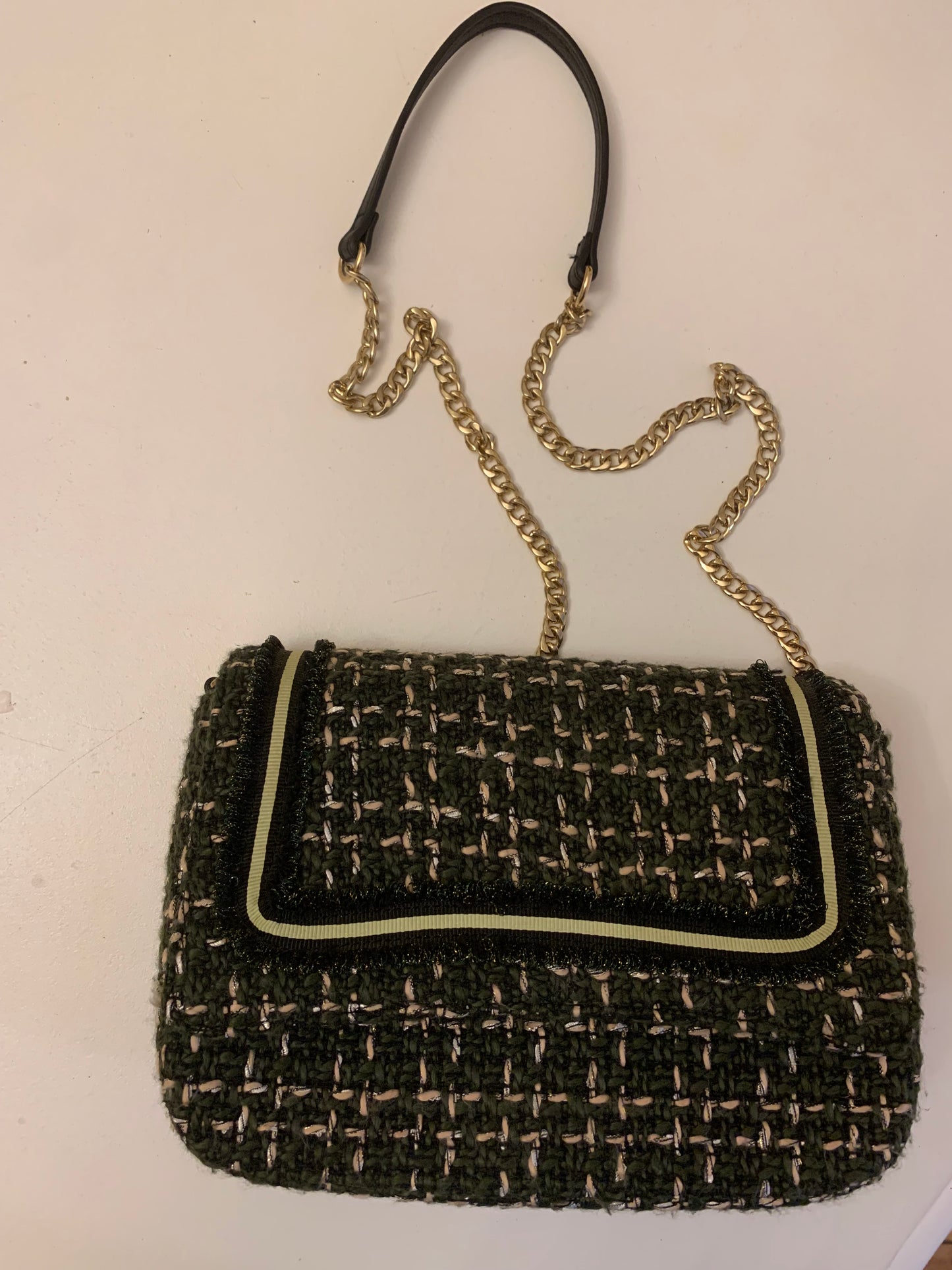 Beck Söndergaard Boucle Tweed Crossbody Bag - Green & Pink with Gold Chain