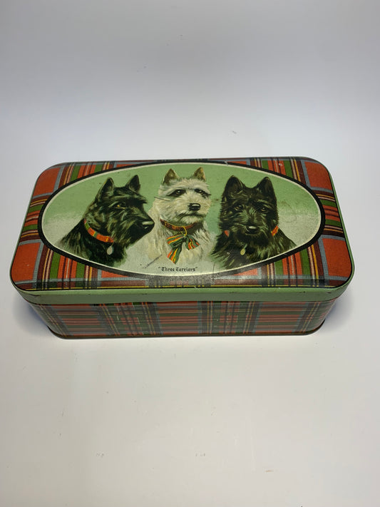 Vintage decorative tin featuring “Three Terriers”
