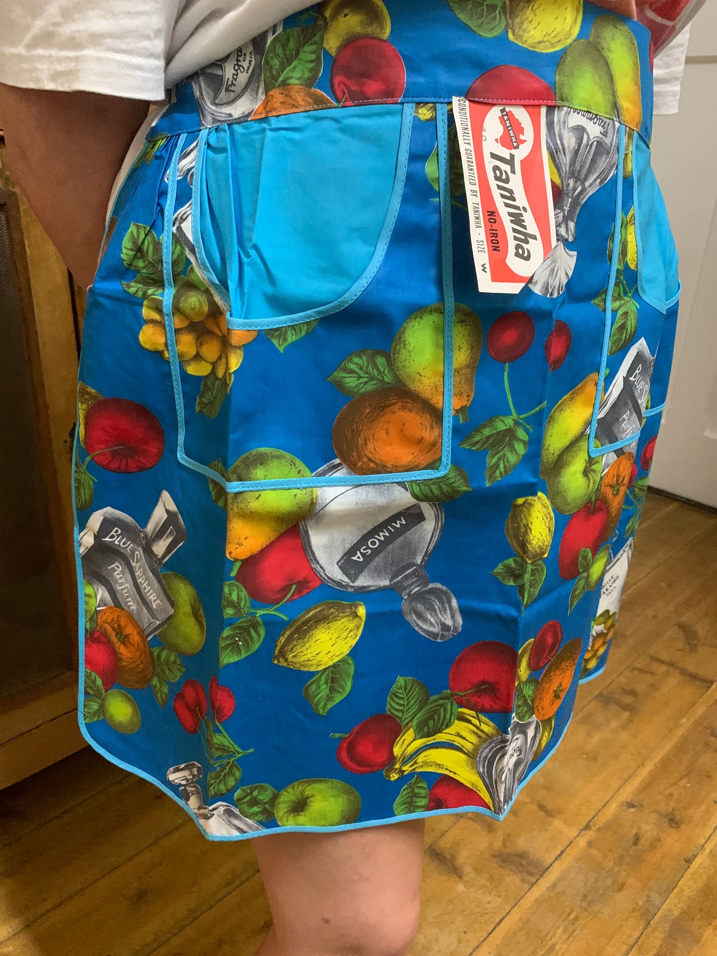 Vintage 1970s Taniwha Half Apron - Tropical Fruit & Perfume Bottle Novelty Print