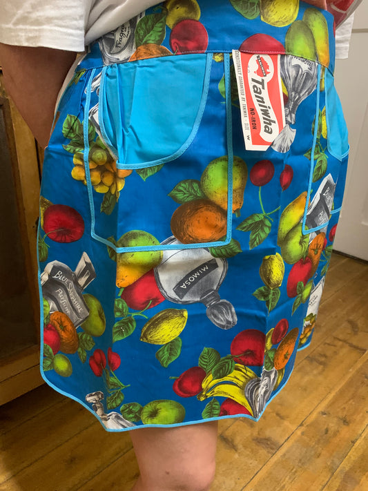 Vintage 1970s Taniwha Half Apron - Tropical Fruit & Perfume Bottle Novelty Print