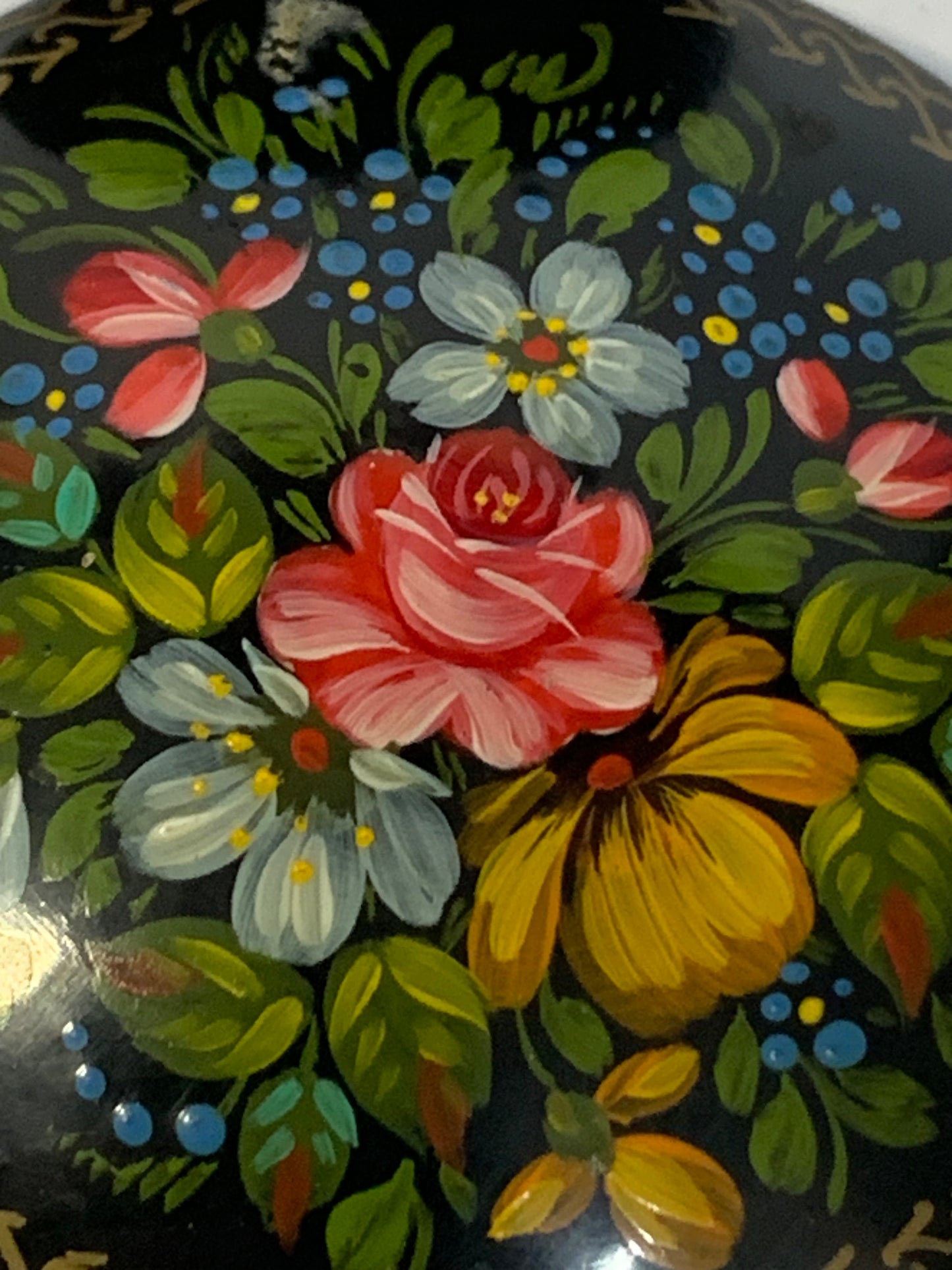 Russian Metal Tole Bowl with Traditional Lacquerware-Style Painting