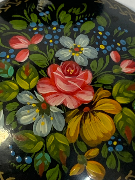 Russian Metal Tole Bowl with Traditional Lacquerware-Style Painting