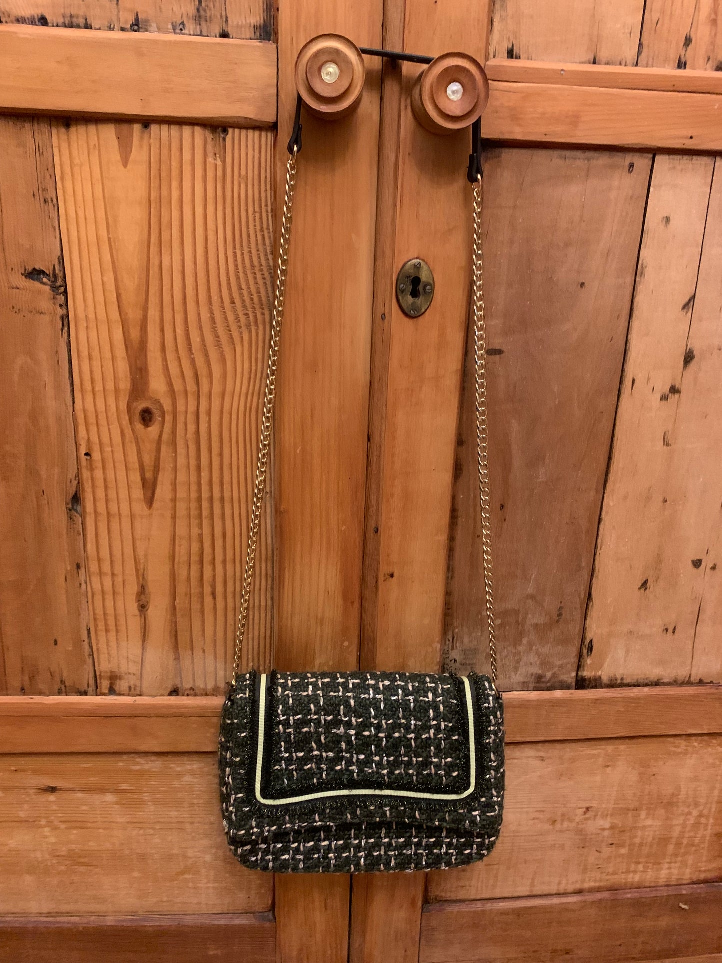 Beck Söndergaard Boucle Tweed Crossbody Bag - Green & Pink with Gold Chain