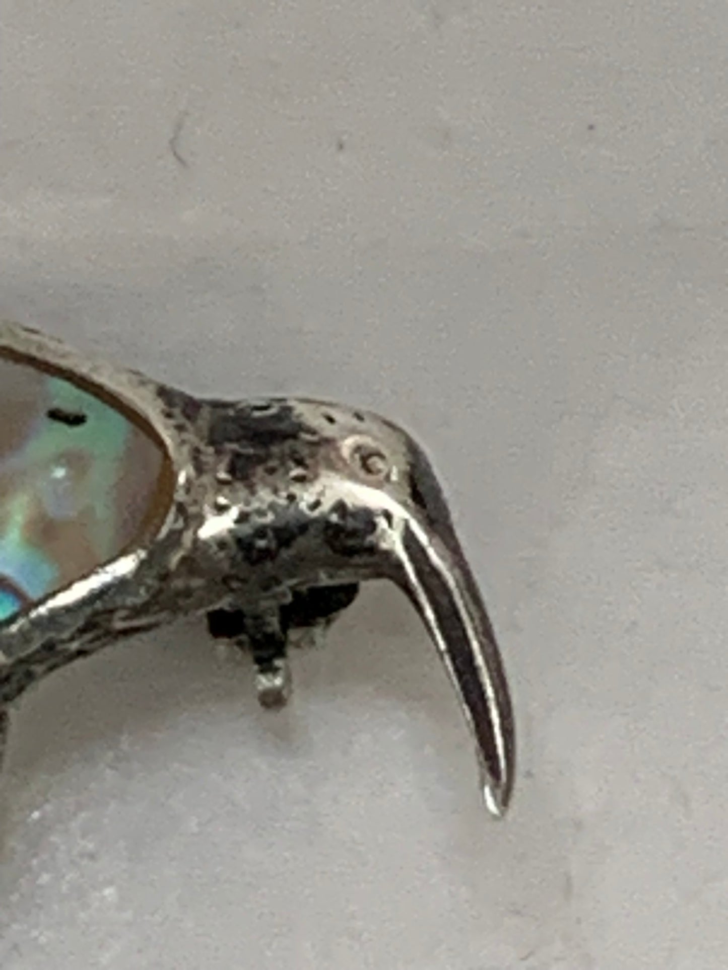 Vintage silver kiwi bird brooch with paua shell (abalone) inlay, likely from New Zealand, dating from approximately the 1960s-1980s.