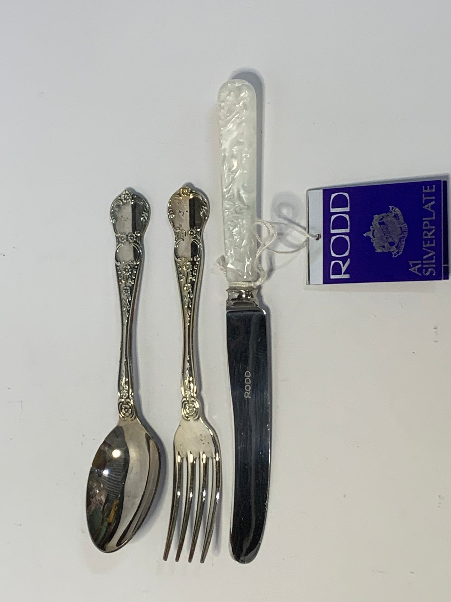 Vintage Rodd silverplate Child’s Cutlery Set with original tag