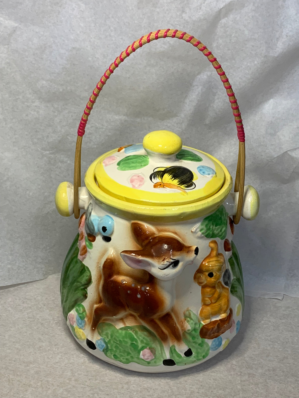 Vintage Kitsch Ceramic Woodland Animals Biscuit Barrel with Cane Handle