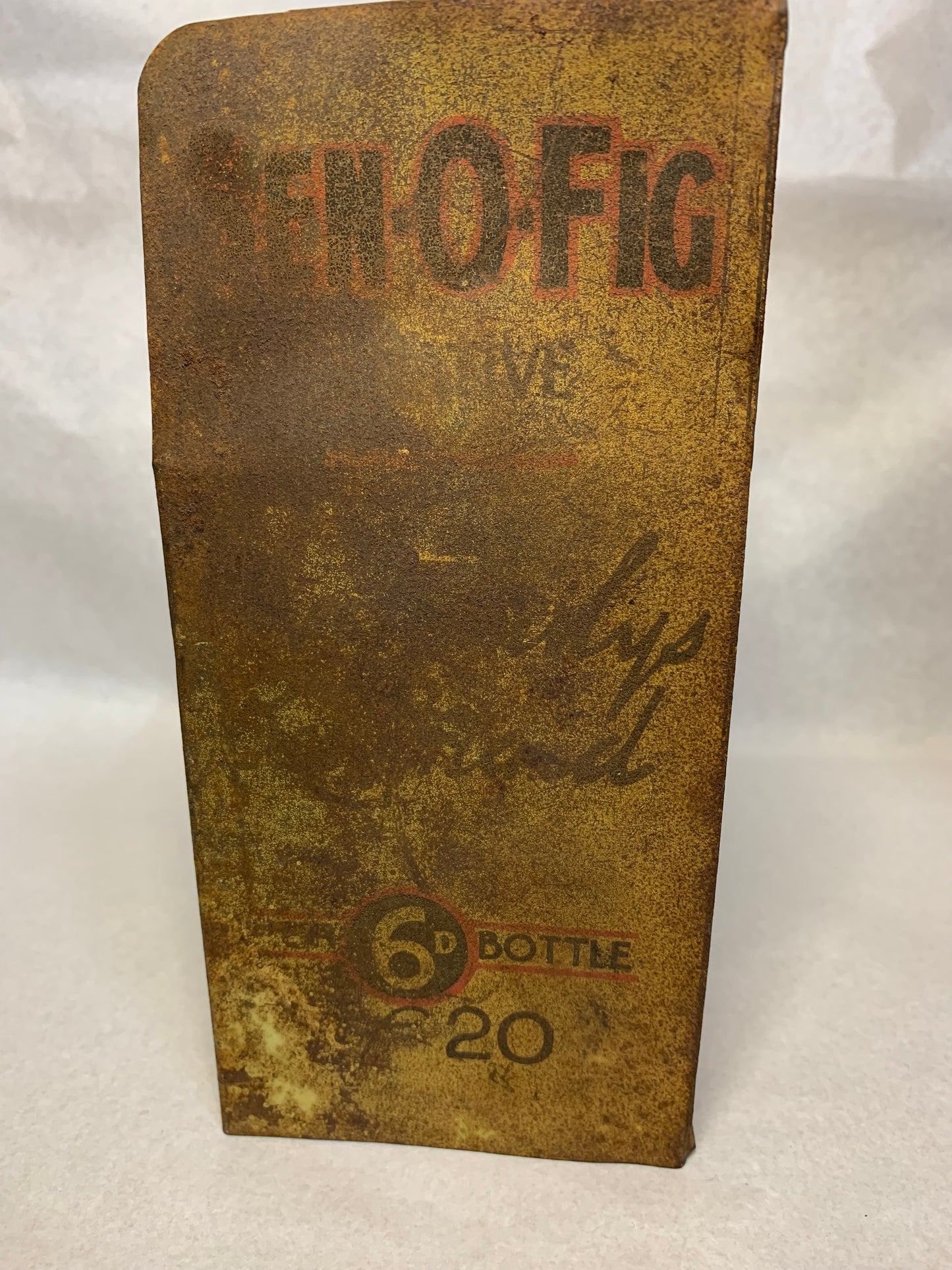 Antique British tin advertising countertop display box for “Sen-O-Fig” a fig/senna-based laxative tablet