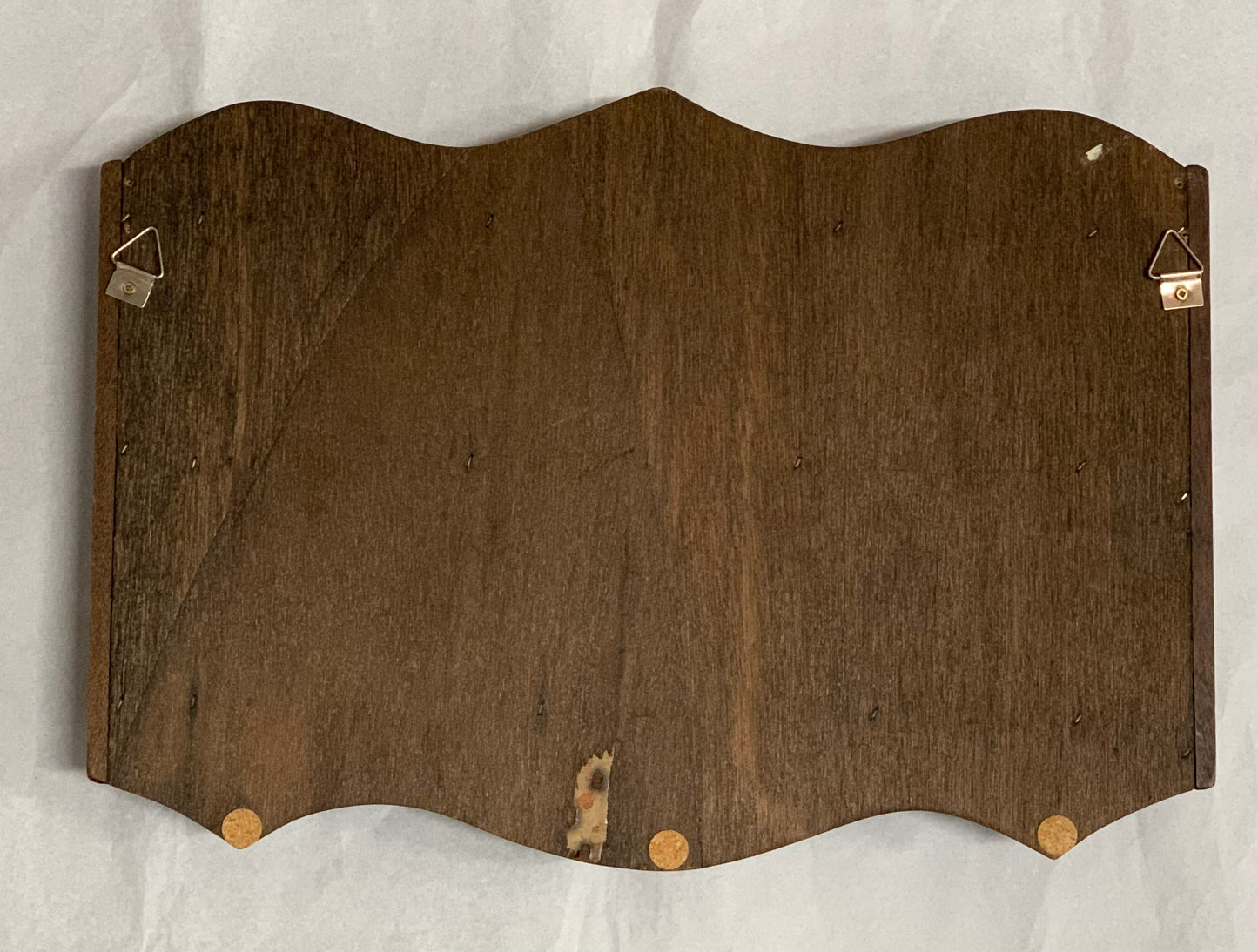 Vintage wooden wall-mounted thimble display rack, 1970s style, with a scalloped/shaped silhouette and rich mahogany-toned finish