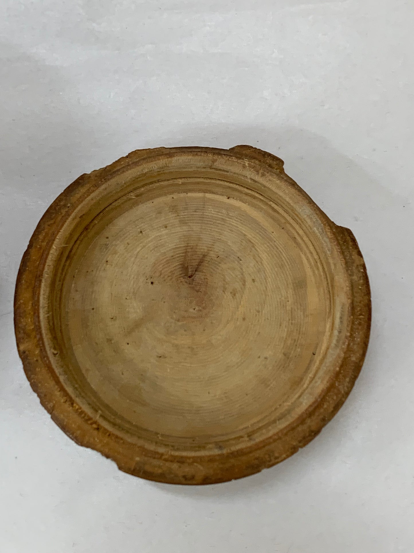 Antique turned wooden box with a painted religious icon on the lid, likely from the 19th or early 20th century.