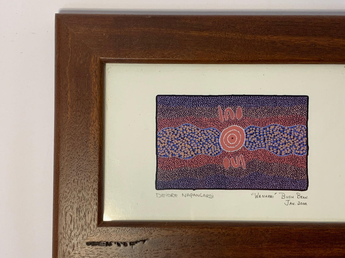 Original Aboriginal dot painting by Deidre Napangardi titled “Wanarri” (Bush Bean), created in January 2000