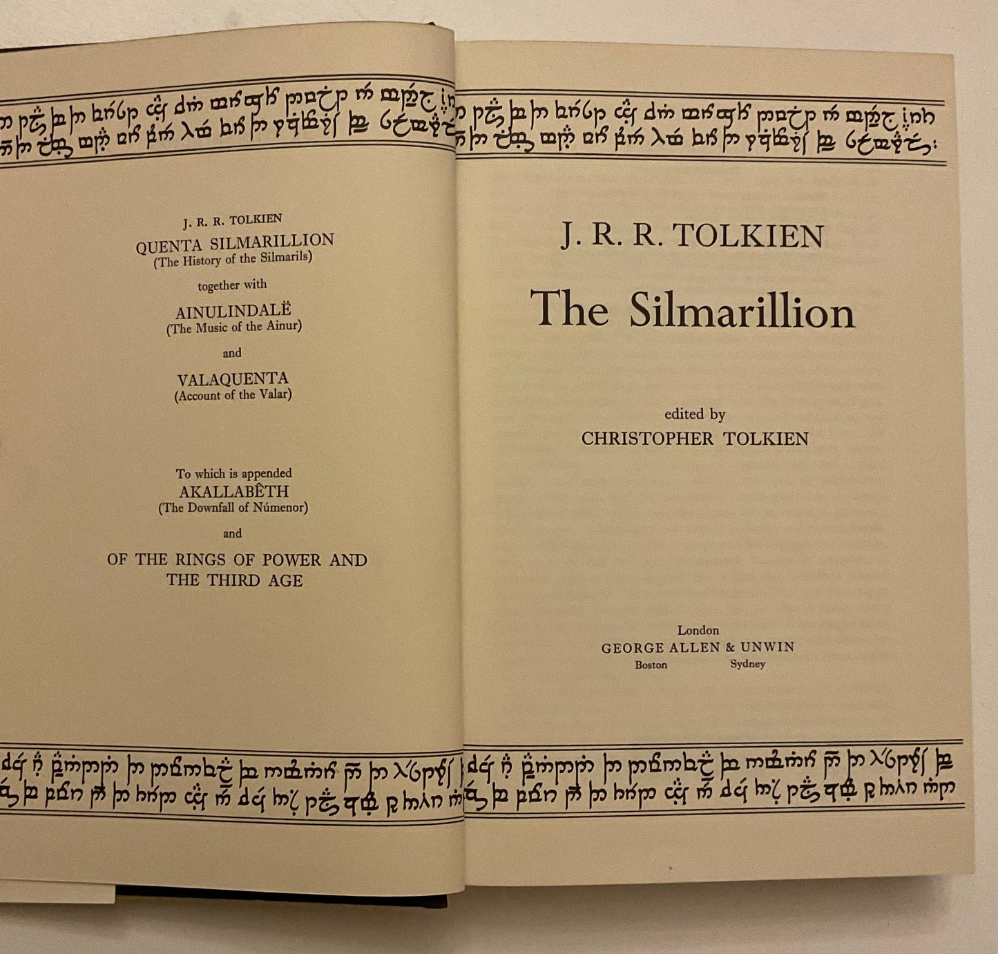 1977 first edition, first printing of The Silmarillion by J.R.R. Tolkien, published by George Allen & Unwin, London.