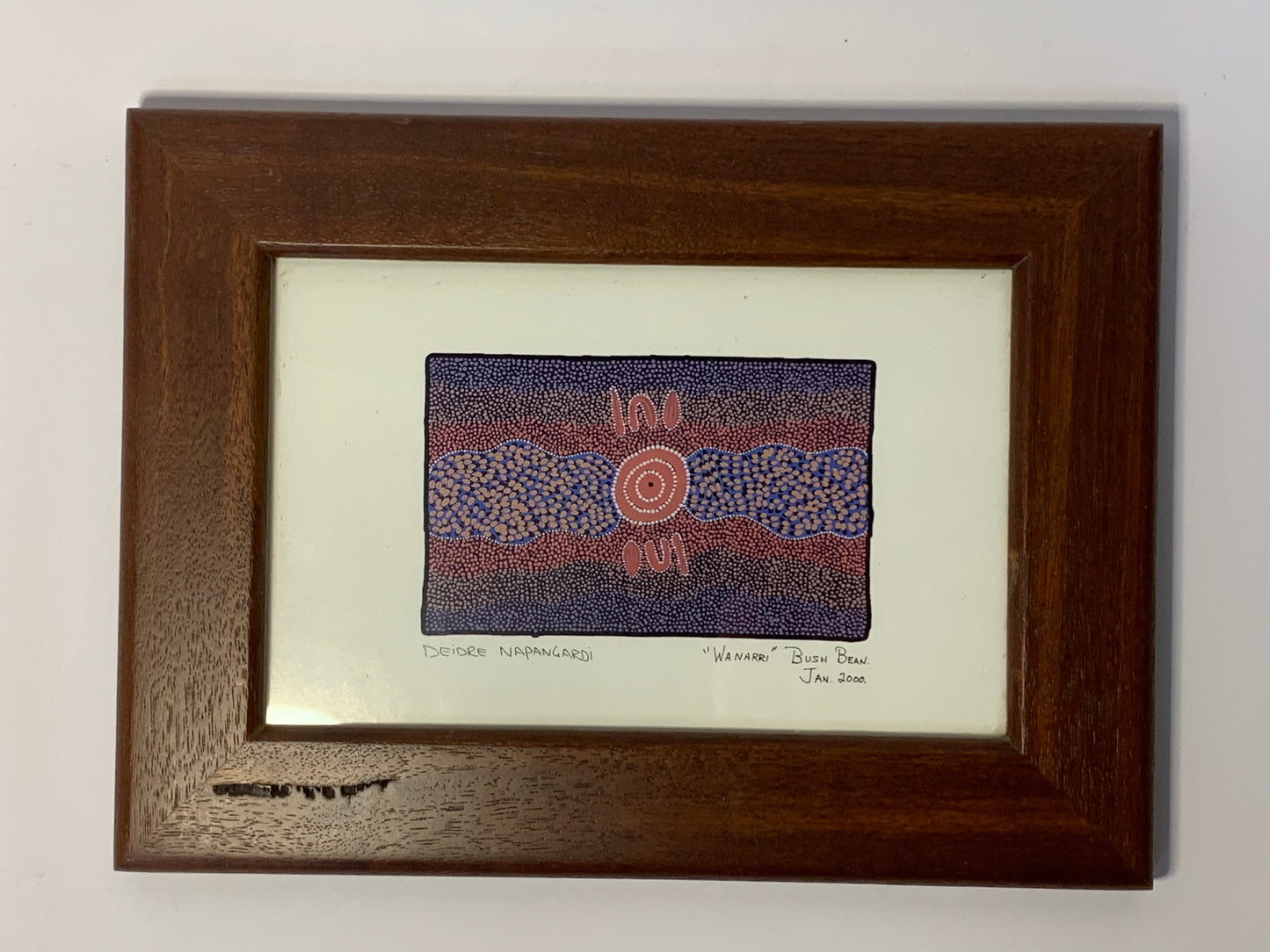 Original Aboriginal dot painting by Deidre Napangardi titled “Wanarri” (Bush Bean), created in January 2000